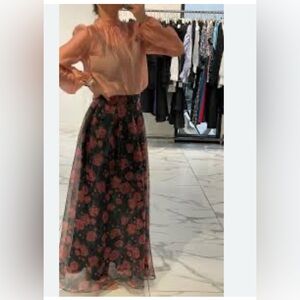 NEW Gracia Women's Black Red Floral Print Tulle Mesh Maxi Skirt Size M